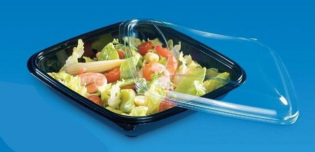 Pojemnik sałatkowy PET niski 370ml komplet, czarny spód + transparentna pokrywka 160x160xh.30 op. 80 sztuk